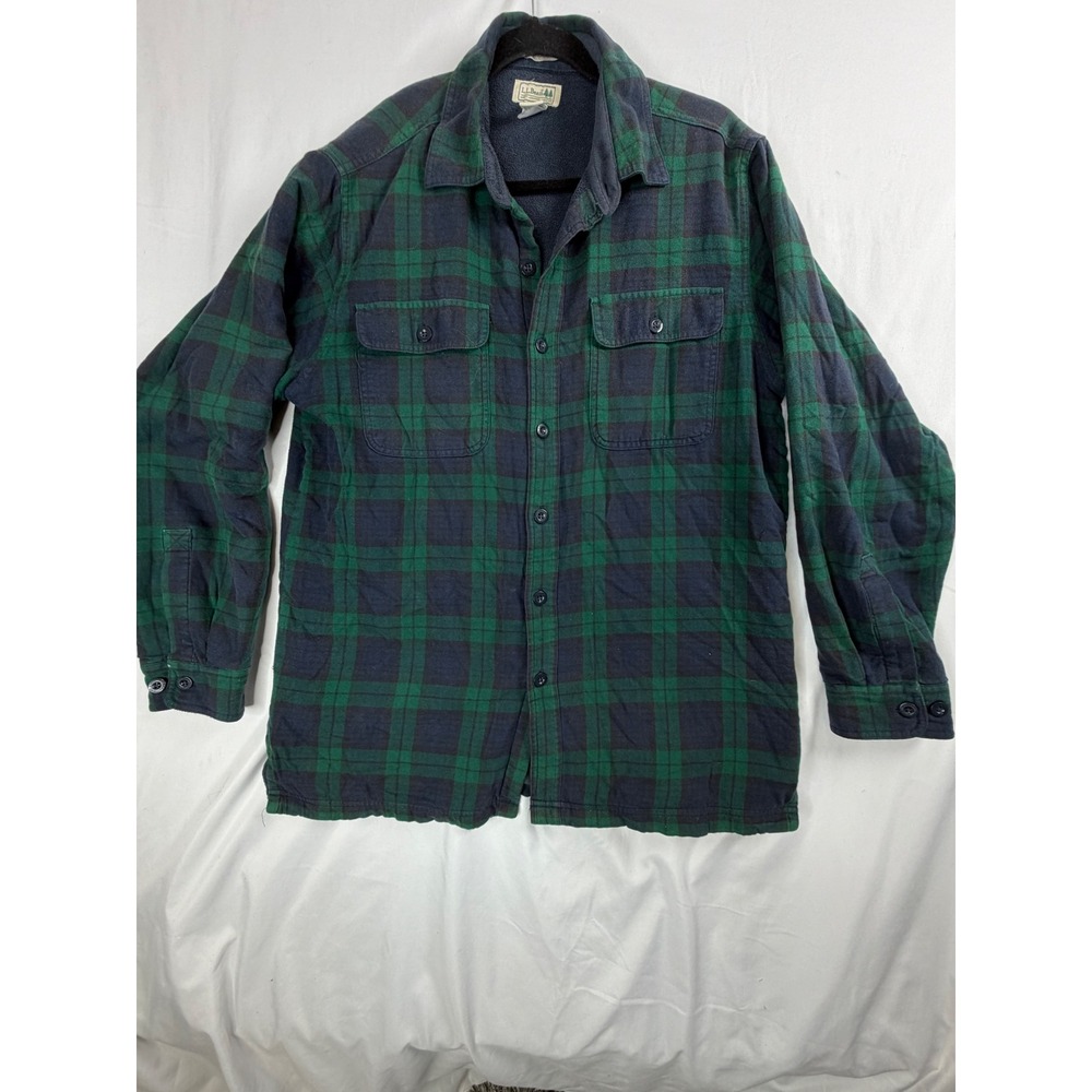 Vintage LL Bean Flannel Shirt Medium Reg Green Navy Plaid Fleece Lined